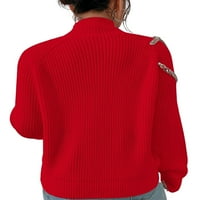 Ležerni jednobojni Crveni Puloveri s rukavima i dugim ženskim džemperima