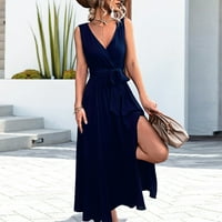 Ženska ljetna ležerna jednobojna široka haljina Bez rukava s izrezom u obliku slova U, ljetna haljina s izrezima, Mornarsko plava