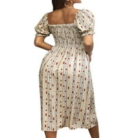 Ženska Midi haljina s printom Softmellou s četvrtastim dekolteom i napuhanim rukavima i bočnim prorezom.