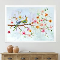 Dizajnerski crtež mala ptica koja sjedi na cvjetnoj grani tradicionalni uokvireni umjetnički otisak