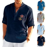 Muška modna majica bez ovratnika s izrezom u obliku slova u, ležerna široka bluza dugih rukava, vrhovi dolje