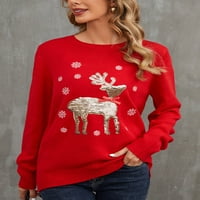 Ženski pleteni džemper sa šljokicama s printom losa i pahuljica s dugim rukavima s okruglim vratom Božićni labavi puloveri