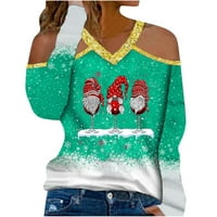 Božićna majica s kapuljačom s ramena, majice s dugim rukavima za žene, Slatki patuljci, Djed Mraz, pulover od crvenog stakla, tunike,