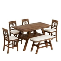 Trpezarijski stol od punog drveta s visinom radne površine za 6 osoba, blagovaonski stol s jednim pravokutnim stolom s policom za
