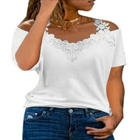 Donji dio / ženska osnovna veličina plus gornji dio od 5 inča, čipkasti jednobojni gornji dio kratkih rukava, ležerna majica, bluza