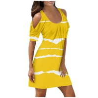 Ženske haljine iznad koljena s kratkim rukavima, Obična ljetna haljina s okruglim vratom, Žuta