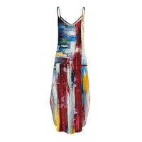 Ženski casual sundress s printom za Dan neovisnosti, naramenice s džepovima, ramena, bez rukava, prorezi, maksi haljine, Haljina