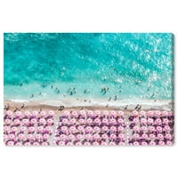 Wynwood Studio Nautical and Coastal Wall Art Print 'Paradise Beach kišobrani ružičasta' Obalna, plava, ružičasta
