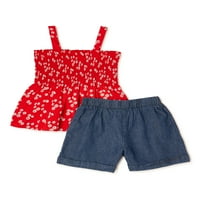 Ružičasta Majica Bez rukava s printom za djevojčice i traper kratke hlače, Komplet odjeće od 2 komada, veličine 4-14