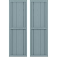 1 2 71 fasada od pet dasaka od prirodnog drva s dvije jednake ploče uokvirene roletama od dasaka-N-letvica, u mirnoj plavoj boji