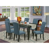 Blagovaonski set od 97-a uključuje pravokutni kuhinjski stol s lišćem leptira i stolice od plave tkanine s crnim oblogama