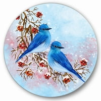 DesignArt 'dvije plave ptice koje sjede na grani s bobicama zimi' tradicionalni krug metal zid - disk od 11