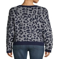 Ženski džemper s okruglim vratom s leopard uzorkom intarzija