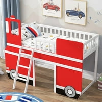 Bračni krevet u potkrovlju u obliku autobusa s ljestvama za djecu, crveno-bijeli