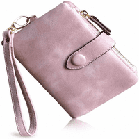Ženske male dvostruke kožne torbice za novčanike za žene s pretincima za kartice za žene-prozor torbica za novčiće s patentnim zatvaračem---ružičasta