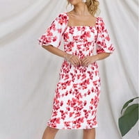 Haljine za žene, cvjetna rastezljiva haljina s printom kratkih rukava, midi kroj četvrtastog vrata s raširenim rukavima, 92-a, modna