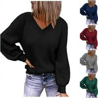 Ženski džemper s izrezom u obliku slova u, klasični pleteni džemper s dugim rukavima, pulover, ležerna jednobojna seksi bluza, top