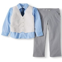 Odjevni prsluk od A-liste s košuljom s kontrastnim manšetama, pripijenim prslukom, uskom kravatom i keper hlačama, Komplet odjeće
