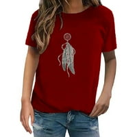 Ženske majice s okruglim vratom Plus Size majice kratkih rukava za žene modna majica s okruglim vratom s printom perja bluza u crvenoj