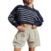 + Ženski jednobojni pleteni džemper s prugama s okruglim vratom i dugim rukavima, labavi puloveri, proljetni / jesenski ležerni džemperi,