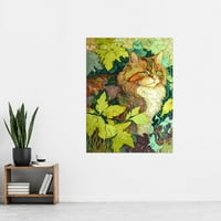 Crvena mačka koja se skriva u šikari drveta, moderna šarena ilustracija, izuzetno veliki otisak plakata za zidnu umjetnost