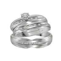 Čvrsto bijelo zlato od 10 karata, njegovo i njezino, Okrugli dijamantni pasijans, odgovarajući par od tri prstena, vjenčani vjenčani